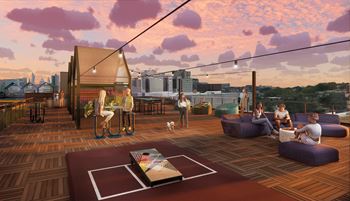 an artist rendering of the rooftop deck of the building